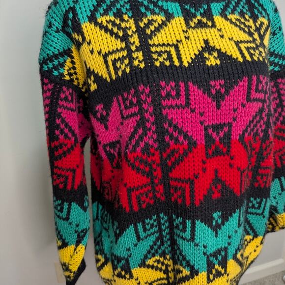 VTG Robin Ross sz Medium bright yellow pink teal geometric pattern sweater - Picture 2 of 5